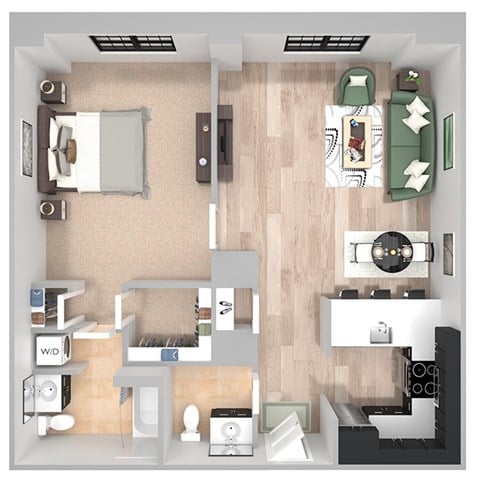 Floor plan for 1 bed, 1.5 baths, 770 sqft